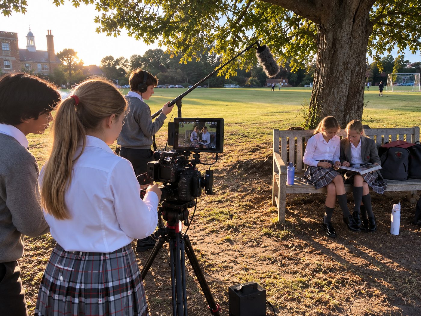 A pupil crew filming a scene on a bench with camera, monitor and boom mic