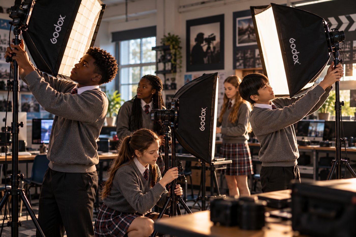 Pupils setting up studio lights in the classroom