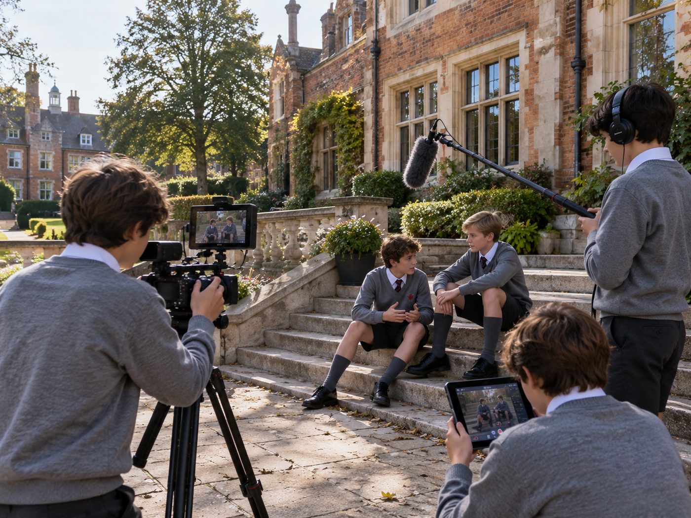 A pupil crew filming an interview on the school steps with camera and boom mic