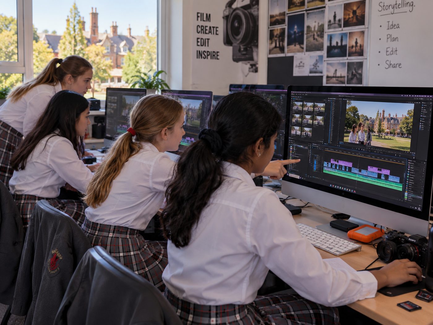 Pupils editing their film in the edit suite