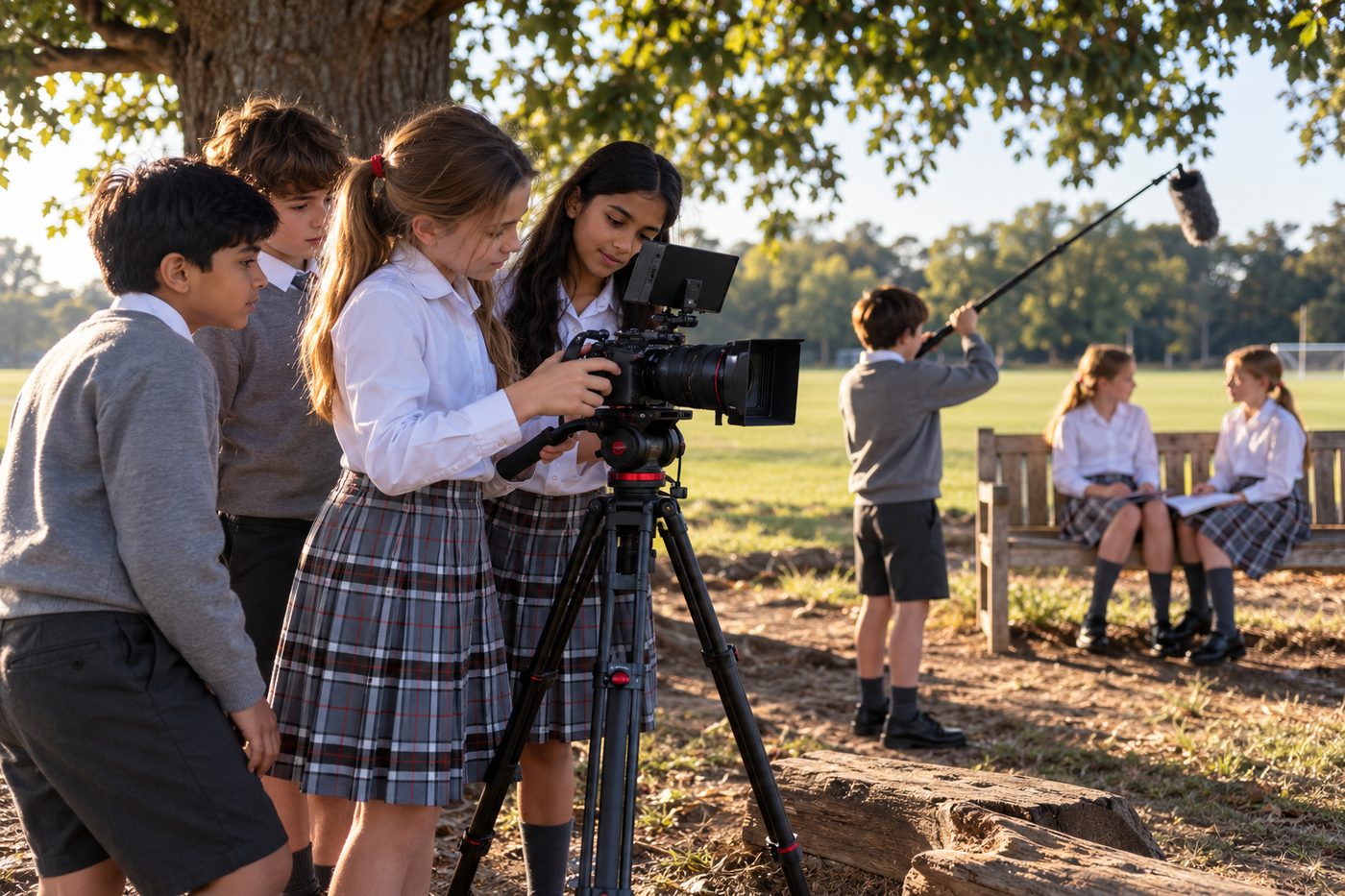 Pupils operating a cinema camera on a tripod under a tree