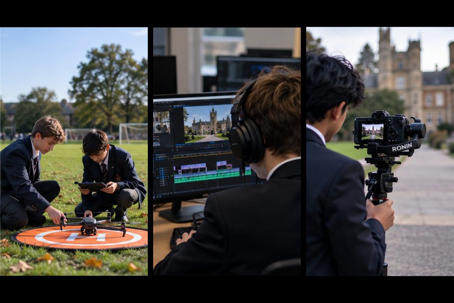 A drone landing pad, the edit suite and a gimbal operator
